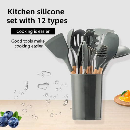 12Pcs/Set Wooden Handle Silicone Kitchen Utensils